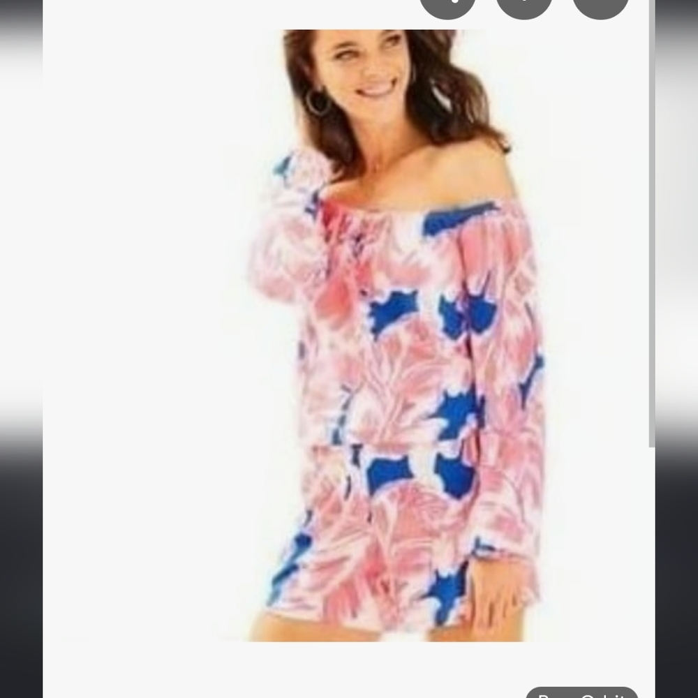 Lilly Pulitzer Pink and Blue Tropical Off-Shoulder Romper